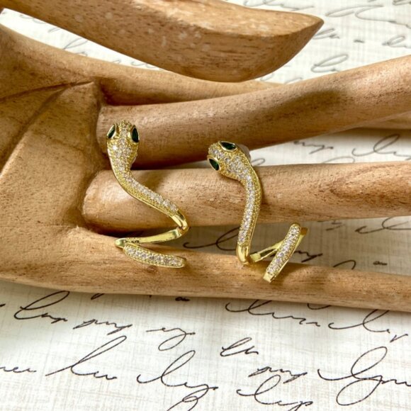Gold Tone Rhinestone Snake Serpent Stud Drop Earrings - Picture 1 of 4